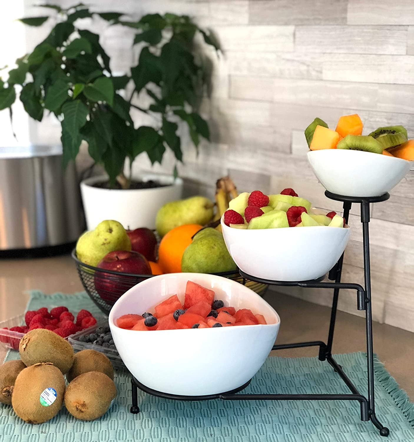 3 Tier White Oval Bowl Set with Collapsible Thicker Metal Rack - Perfect Display for Chips, Dips, Candy, Fruit and More Collapsible Stand with Nesting Bowls for Easy Storage
