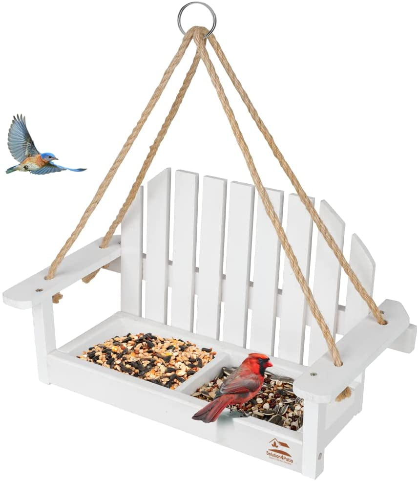 Solution4Patio White Swing Wild Bird Feeder for Outside, Metal Mesh Bottom, Cute Bench Bird Feeder or Squirrel Feeder for Yard, Porch Decoration, Large Capacity, Easy to Fill & Clean, #8455