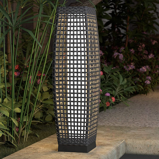 Outdoor Solar Powered Resin Wicker Floor Lamp, Outdoor Weather-Resistant Deck Light, for Garden or Porch -Large Fuji, Silver Gray