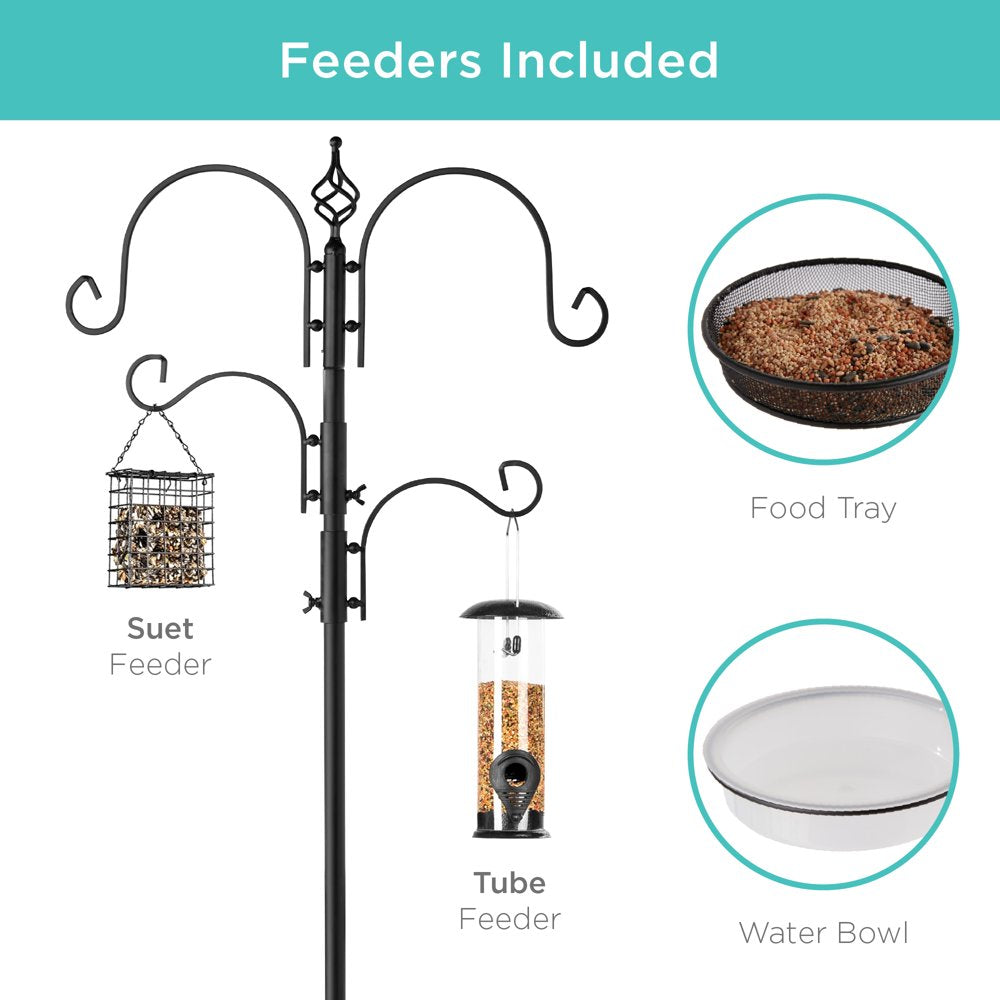 91In 4-Hook Bird Feeding Station, Steel Multi-Feeder Stand W/ 2 Feeders, Tray, Bird Bath - Black