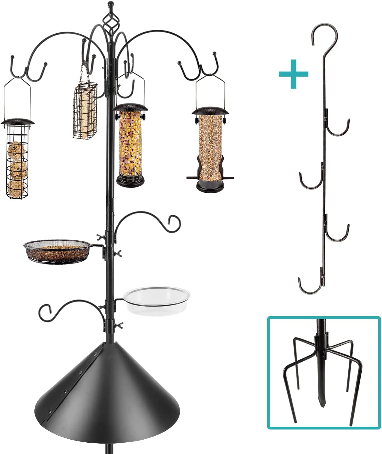 Bird Feeder Station Bird Feeding Station Kit Bird Feeder Pole Wild Bird Feeder Kit with Squirrel Baffle and Suet Cage Mesh Tray Fruit Hook Double W Hook for Attracting Wild Birds (15"L X 3"W X 6"H)