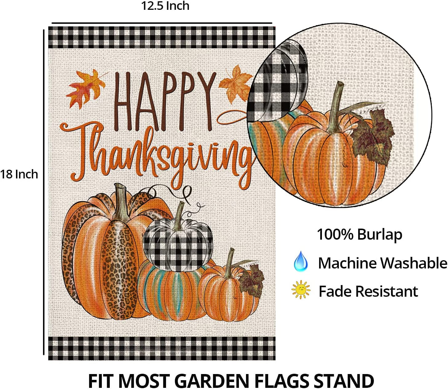 Happy Thanksgiving Fall Garden Flags for Outdoor,12X18 Double Sided,Harvest Buffalo Plaid Pumpkins Yard Flags,Small Thanksgiving Day Garden Decor for Autumn outside Porch Lawn Holiday
