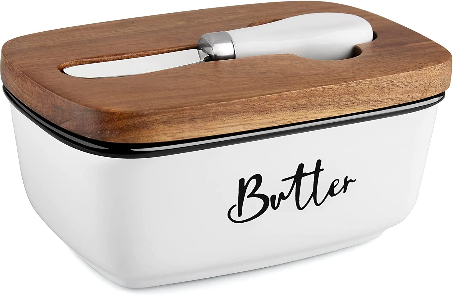 Farmhouse Butter Dish with Lid and Knife for Countertop, Airtight Butter Keeper for Counter or Fridge, Ceramic Butter Container with Thick Acacia Wood Lid, for Kitchen Decor and Accessories, White