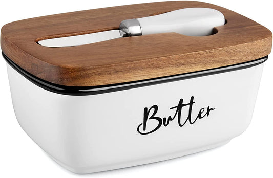 Farmhouse Butter Dish with Lid and Knife for Countertop, Airtight Butter Keeper for Counter or Fridge, Ceramic Butter Container with Thick Acacia Wood Lid, for Kitchen Decor and Accessories, White