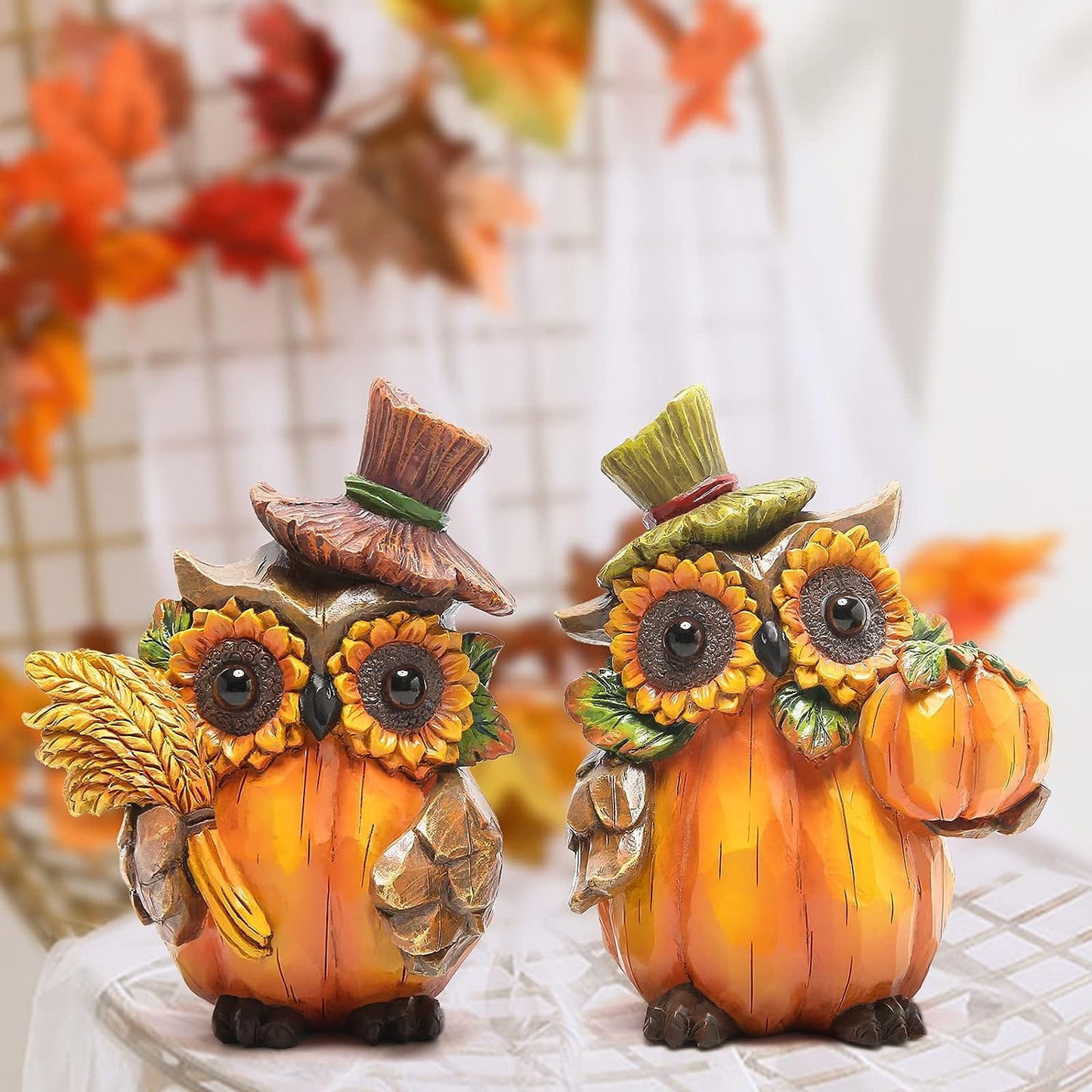 Hodao Fall Thanksgiving Pumpkin Owl Table Decorations for Home, Resin Owl Give Thanks Fall Centerpieces for Tables-Thanksgiving Pumpkin Owl Gifts