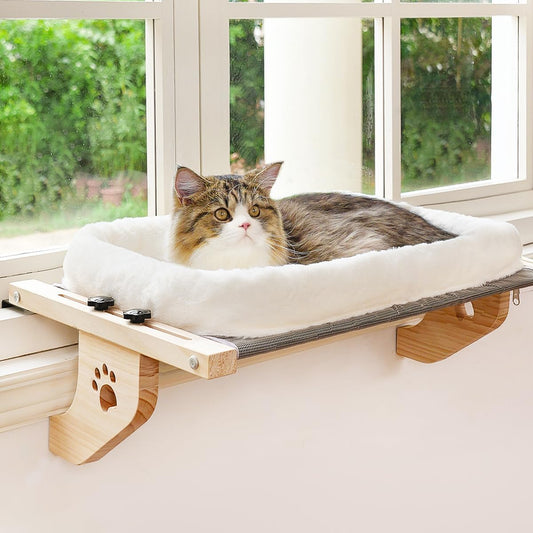 Cat Sill Window Perch Sturdy Cat Hammock Window Seat with Cushion Bed Cover, Wood & Metal Frame for Large Cats, Easy to Adjust Cat Bed for Windowsill, Bedside, Drawer and Cabinet(Cushion Bed)