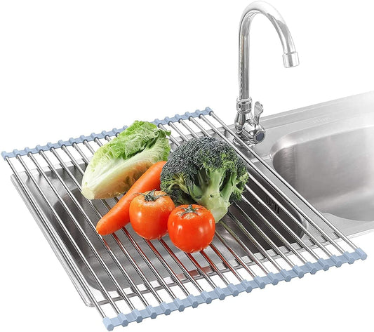 Roll up Dish Drying Rack over the Sink for Kitchen Sink 17.5X15.7 Inch Drying Rack Folding Dish Drainer Mat Rolling Dish Rack Sink Rack Stainless Steel Kitchen Dry Rack