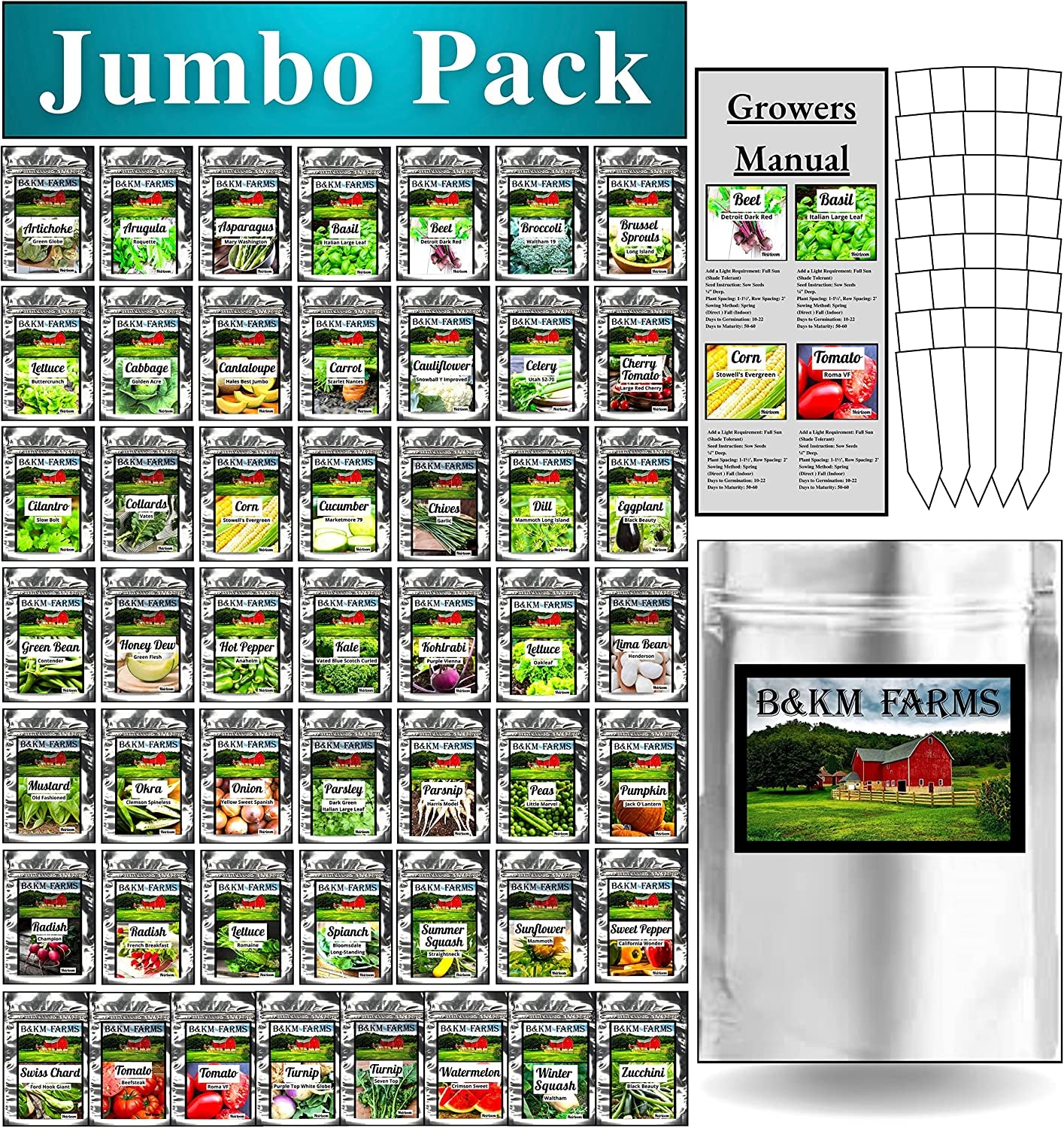 50 Vegetable & Fruit Seeds for Planting Your Outdoor & Indoor Home Seed Garden Gear. 50,000 Seeds, 50 Seed Markers, Growing Guide, & Survival Package. Gardening Heirloom Non-Gmo Veggie Seed