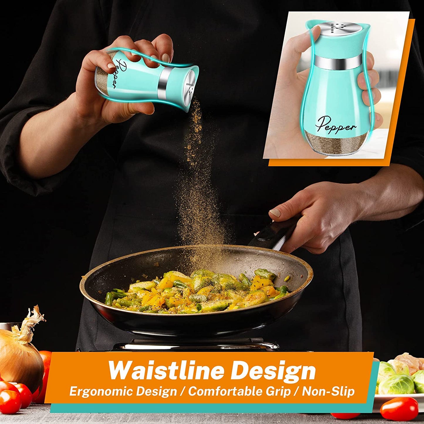 Salt and Pepper Shakers Set,4 Oz Glass Bottom Salt Pepper Shaker with Stainless Steel Lid for Kitchen Cooking Table, RV, Camp,Bbq Refillable Design (Cyan-Blue)