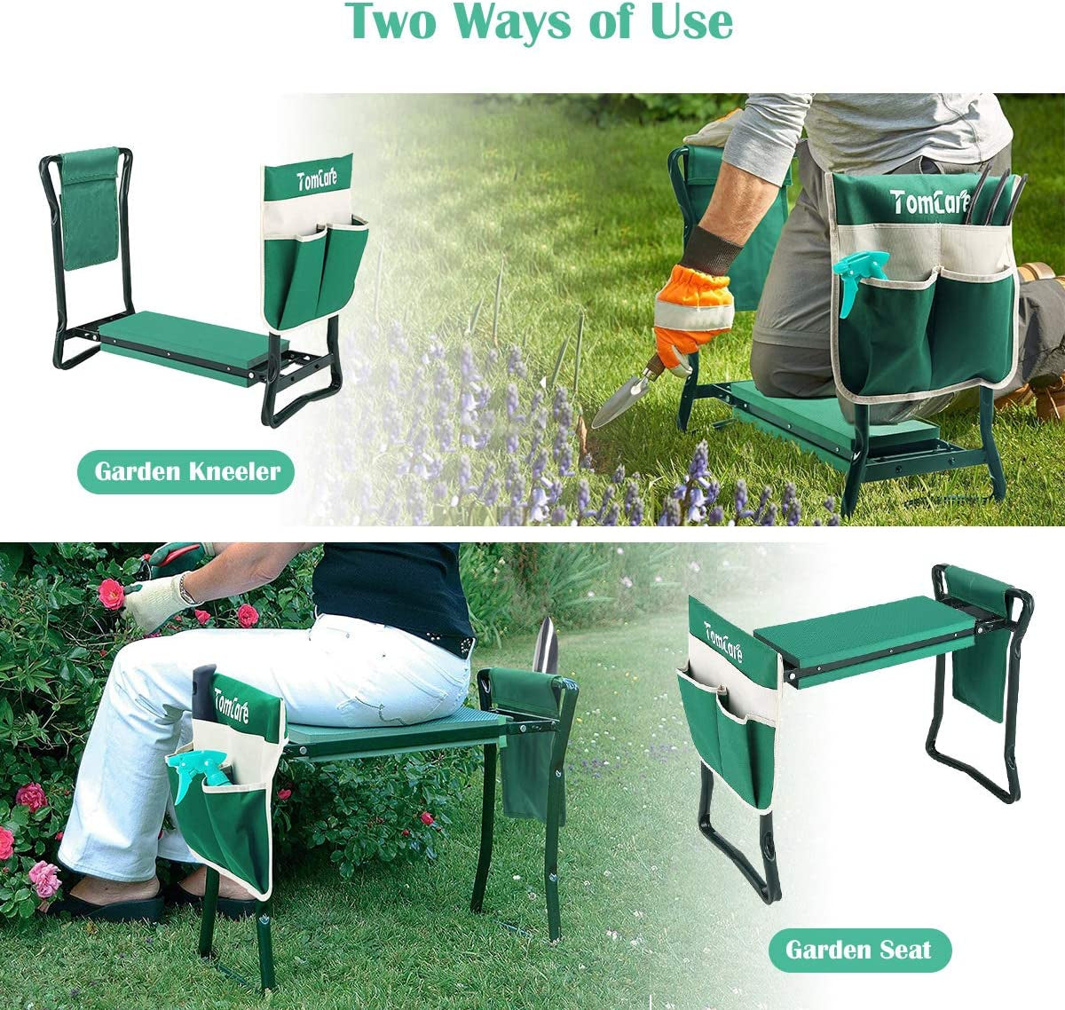 Garden Kneeler Seat Garden Bench Garden Stools Foldable Stool with Tool Bag Pouch EVA Foam Pad Outdoor Portable Kneeler Christmas Gardening Gifts for Women Men,Large 21.65"X10.62"X18.89",Green