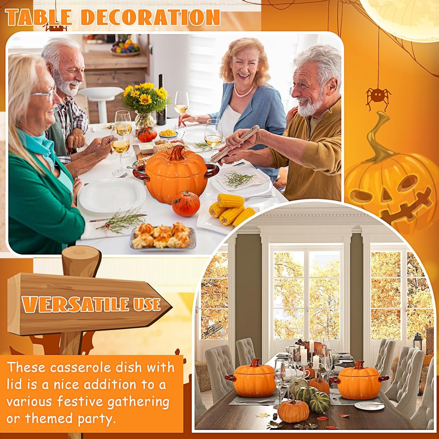 2 Pcs Ceramic Pumpkin Dish Casserole Cookware 17 Oz Pumpkin Pots for Cooking Orange Cute Pumpkin Bowl Safe Pumpkin Oven Pot with Lid Double Ear Baking Bowl for Bakeware Halloween Thanksgiving