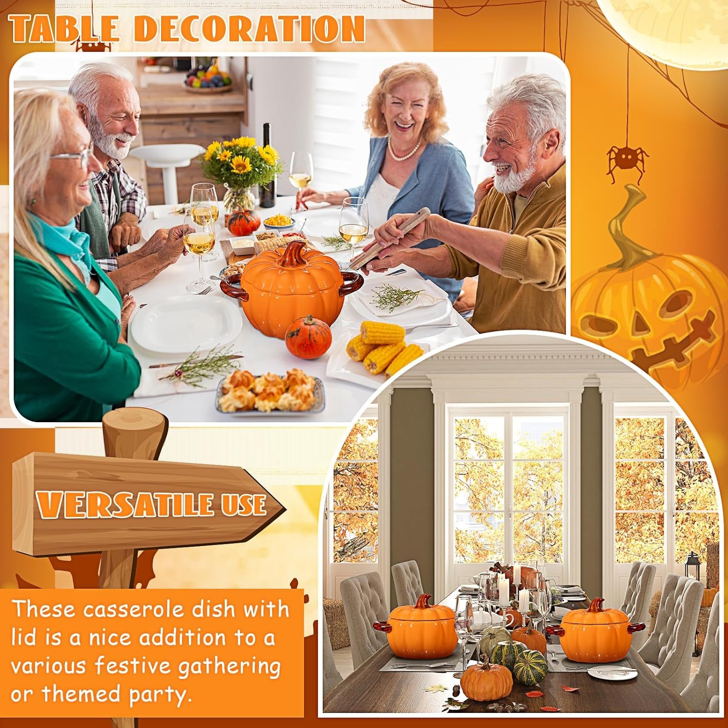 2 Pcs Ceramic Pumpkin Dish Casserole Cookware 17 Oz Pumpkin Pots for Cooking Orange Cute Pumpkin Bowl Safe Pumpkin Oven Pot with Lid Double Ear Baking Bowl for Bakeware Halloween Thanksgiving