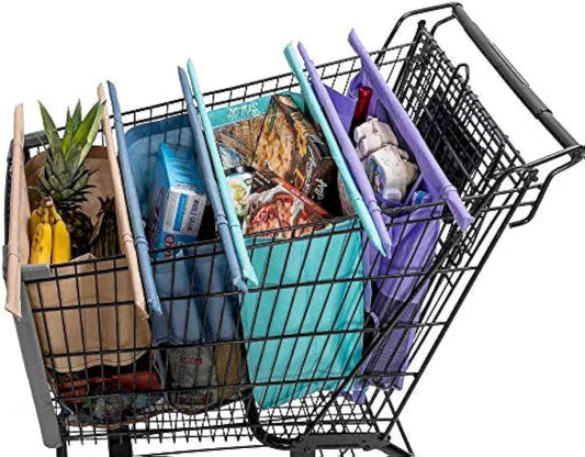 Grocery Store Reusable Easy Cart and Pack Set of 4 -W/Lrg COOLER Bag & Egg/Wine Holder! Reusable Grocery Cart Bags Sized for USA. Washable Eco-Friendly 4-Bag Grocery Tote. 
