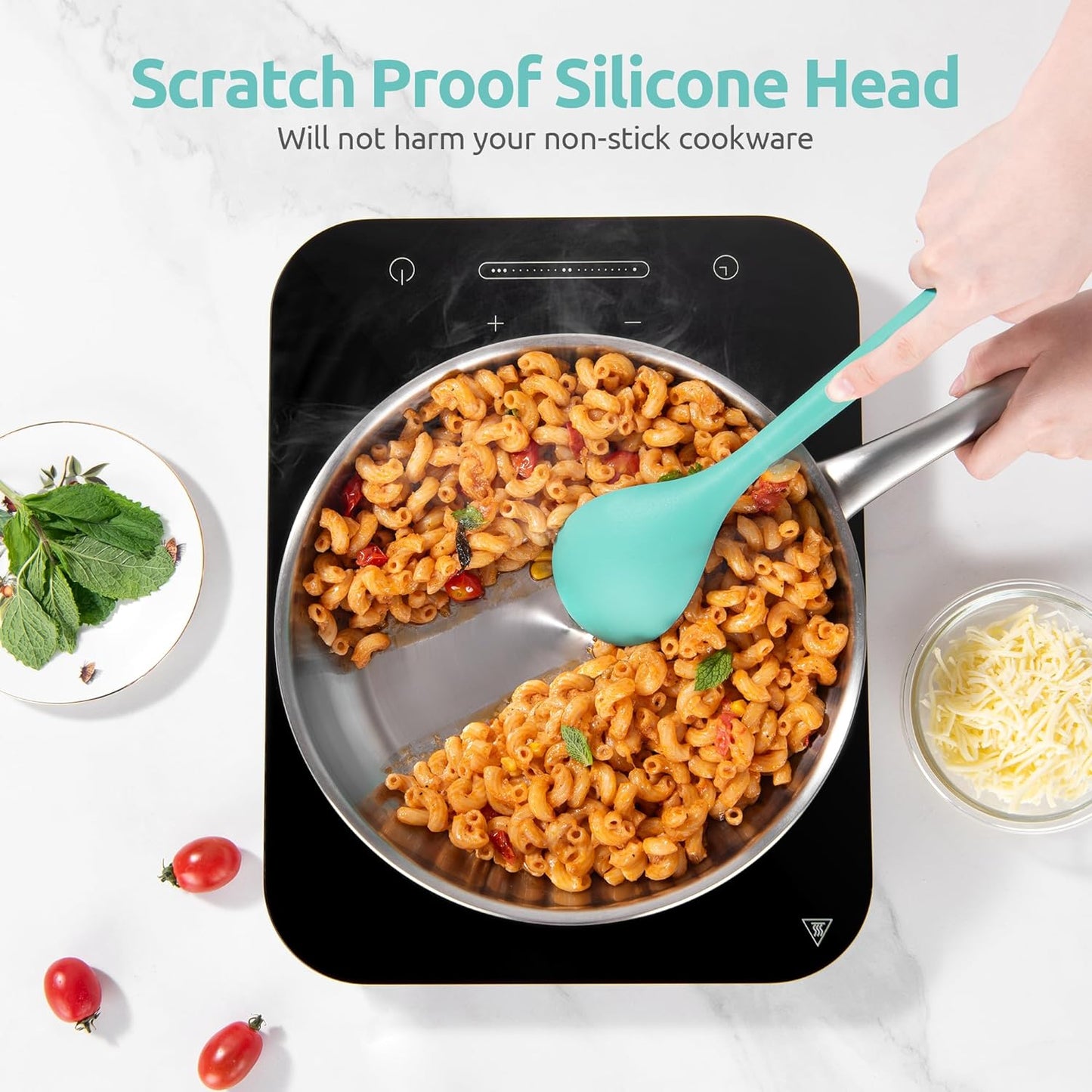 High Heat Resistant Kitchen Utensil:  13.6" Silicone Cooking Tools Gadgets Set, BPA Free Non Stick Solid and Slotted Turner Spatula, Mixing Spoon, and Soup Ladle (5 Pieces, Aqua Sky)