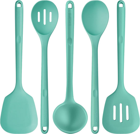 High Heat Resistant Kitchen Utensil:  13.6" Silicone Cooking Tools Gadgets Set, BPA Free Non Stick Solid and Slotted Turner Spatula, Mixing Spoon, and Soup Ladle (5 Pieces, Aqua Sky)
