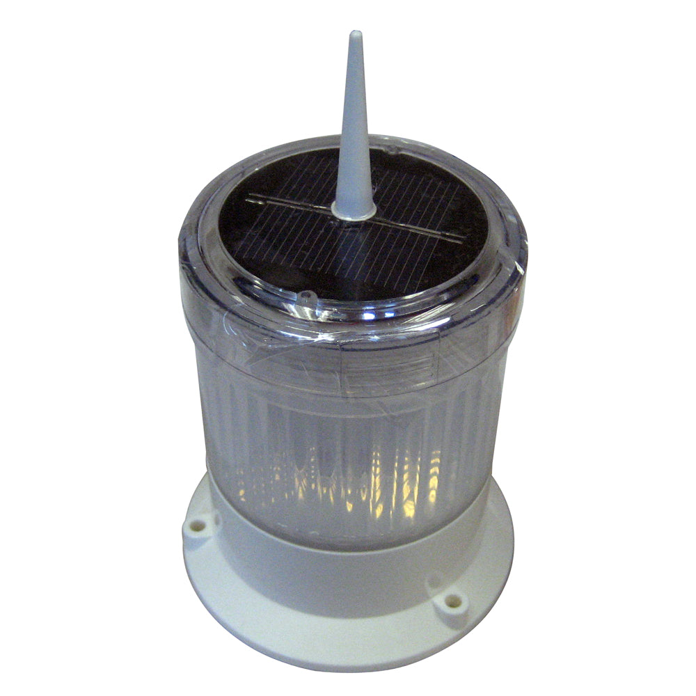 A white, solar-powered piling cap light made of durable UV resistant ABS with a round shape and a flat mounting base.