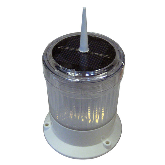 A white, solar-powered piling cap light made of durable UV resistant ABS with a round shape and a flat mounting base.