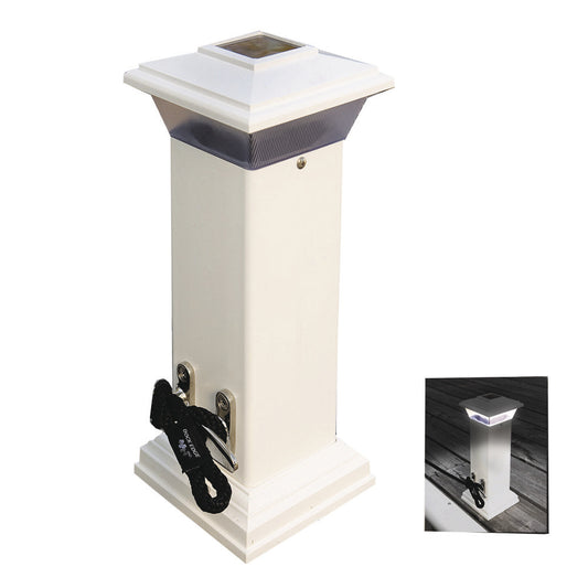 A white, colonial-style vinyl pillar with a stainless steel mooring cleat and solar dock light on top.