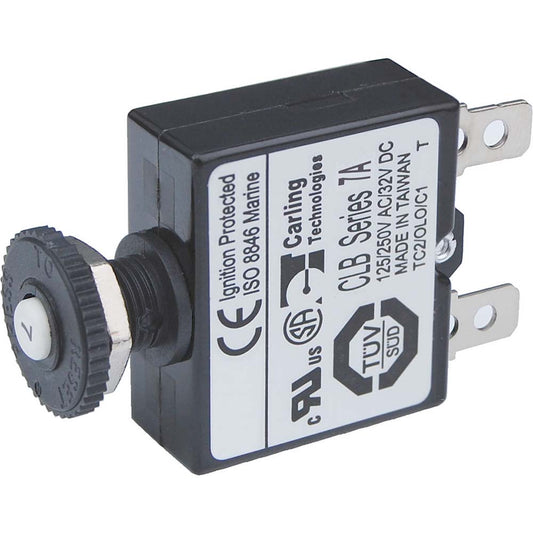 A 7A push button thermal circuit breaker with quick connect terminals, primarily black in color with some text and symbol detail.